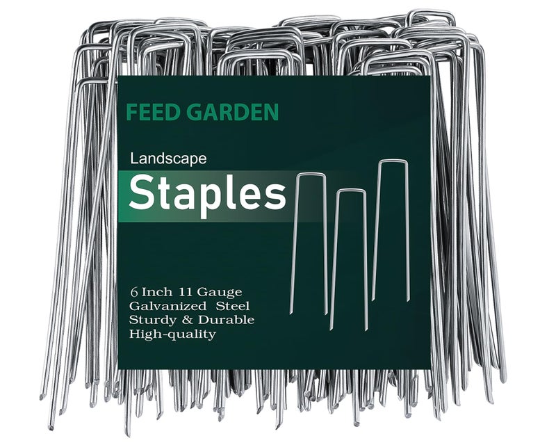 FEED GARDEN دبابيس حديقة 6 بوصة عبوة 50 قطعة مغلفة بالزنك الساخن لتغطية النباتات دبابيس خيمة دبابيس حديقة قماش تنسيق الحدائق دبابيس سجاد دبابيس فناء للزينة حاجز الأعشاب الضارة - Image 1